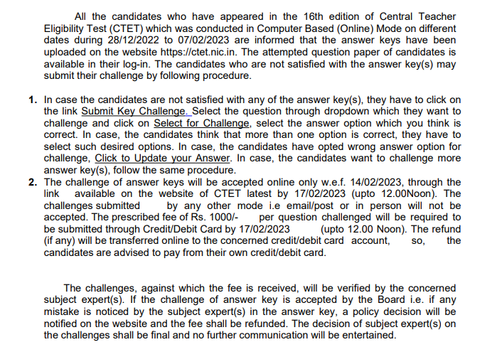 CTET December 2022 Answer Key Challenge
