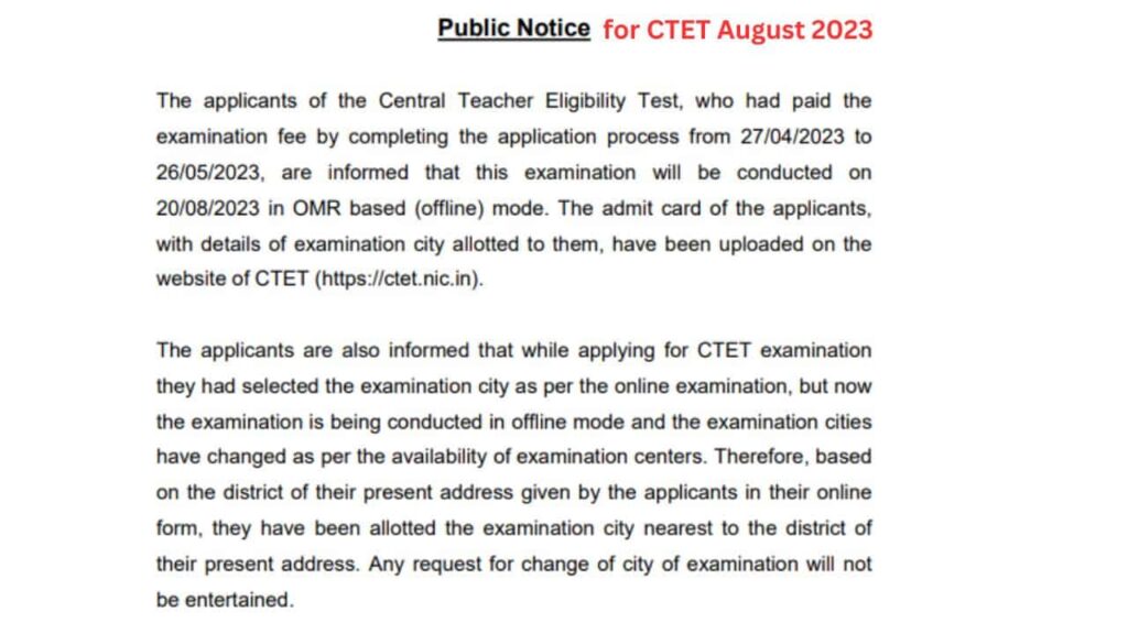 CTET August 2023 Exam City Center Change Big Updates